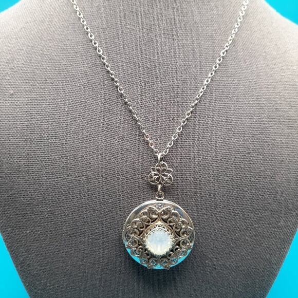 Faux Opal Locket Pendant Necklace, Small Toggle Clasp, 15 Inches - Picture 10 of 10